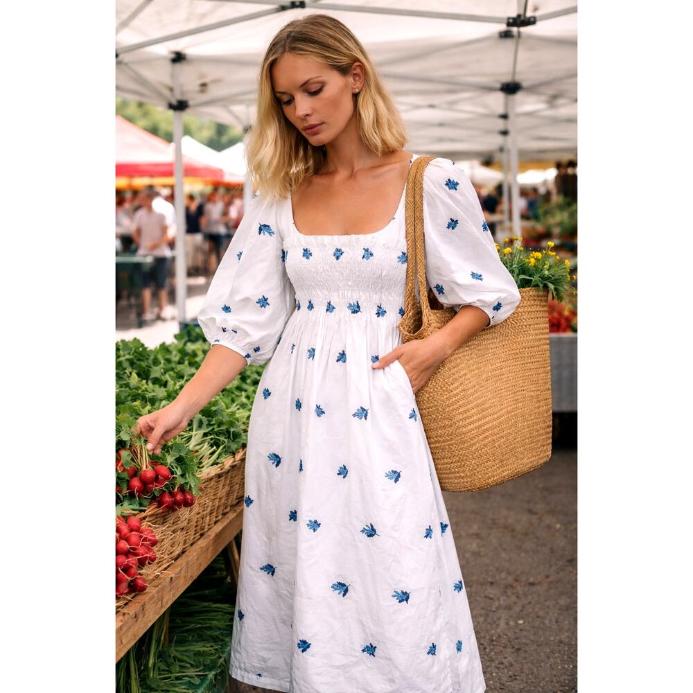 Ciao Lucia Cornflower Veneto Dress S Blue Floral Puff Sleeve Smocked Midi Cotton